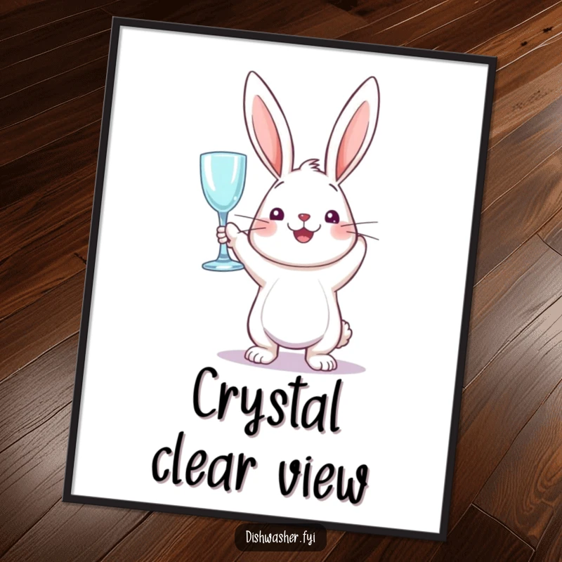 Funny poster artwork of a perky rabbit triumphantly holding a sparkling clean glass, adding a humorous touch of shine.