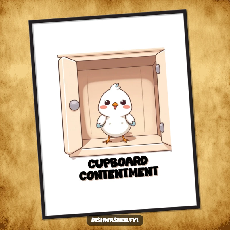 Funny poster art depicting a happy bird peeking out from a meticulously clean cupboard, embodying joy and contentment.