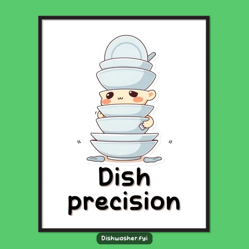 Funny Dish Stacking Poster: Determined Character Art, Precision Chore Decor
