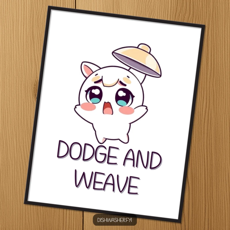 Funny character with wide, startled eyes dodging a flying dish on a vibrant poster, capturing a moment of pure comedic surprise.