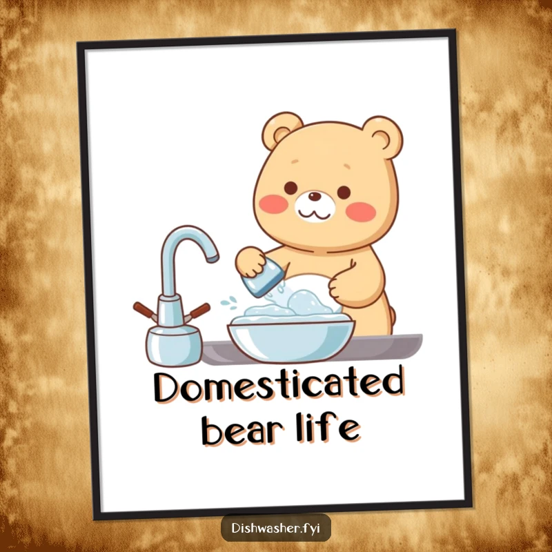 Funny Poster art of a cheerful bear character washing dishes with a bubbly, happy expression, bringing clean humor to wall decor.