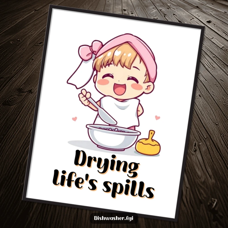 Funny poster of a cheerful character joyfully drying dishes with a fluffy towel, humorous wall decor.