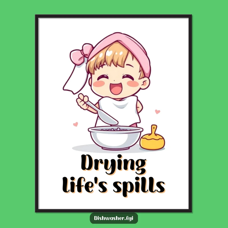 Funny Cheerful Character Drying Dishes Poster: Hilarious Wall Art Gift