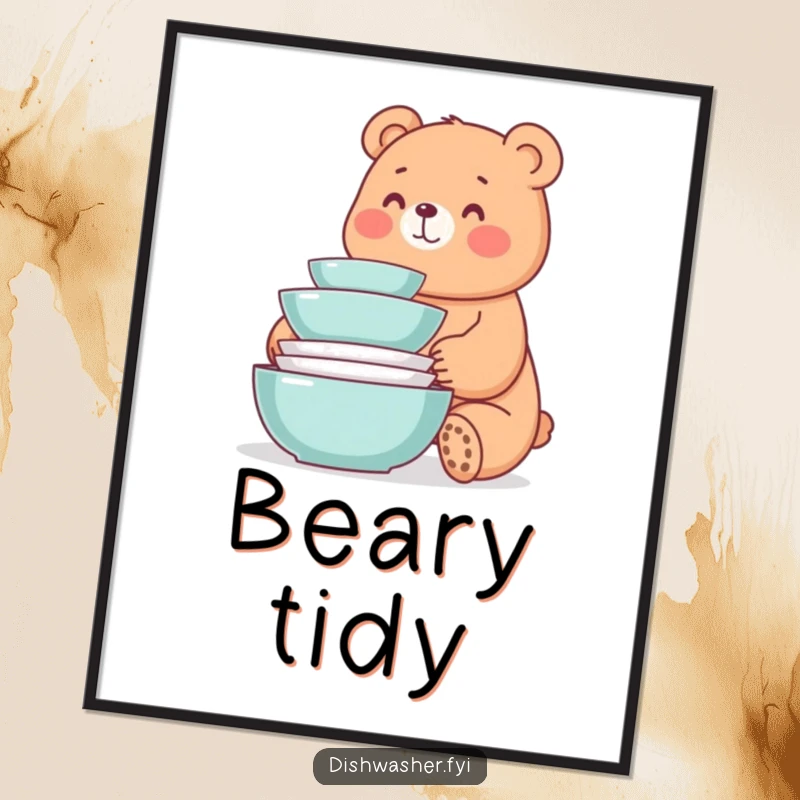 Funny poster artwork of a whimsical bear smiling at a neat stack of freshly washed dishes, adding a cheerful, humorous touch.