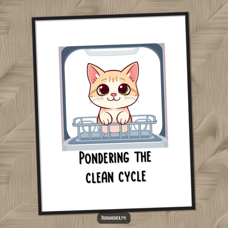 Funny cat poster featuring a curious cat peeking into the dishwasher with wide eyes, adding a touch of whimsical humor and feline investigation to decor.