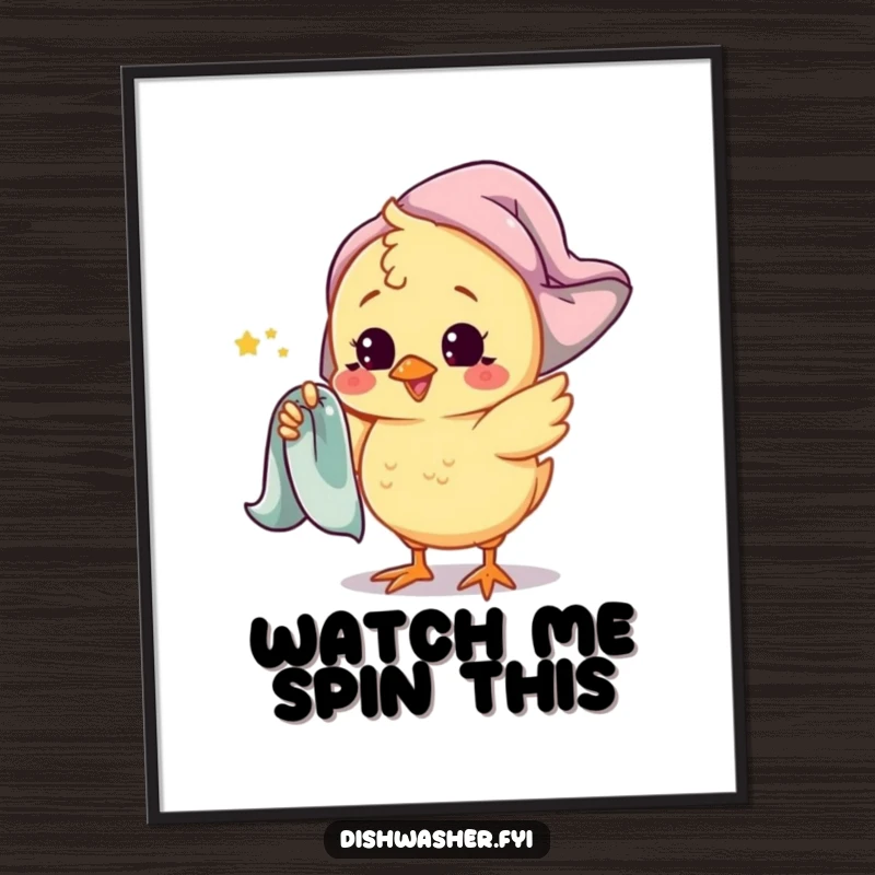 Funny chick poster featuring a playful chick character spinning a drying towel around its finger, adding a touch of whimsical fun to decor.