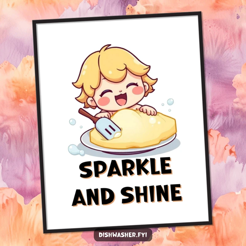 Funny poster print of a happy character intensely scrubbing a plate with a large, foamy sponge. Captures the energy and satisfaction of cleaning.