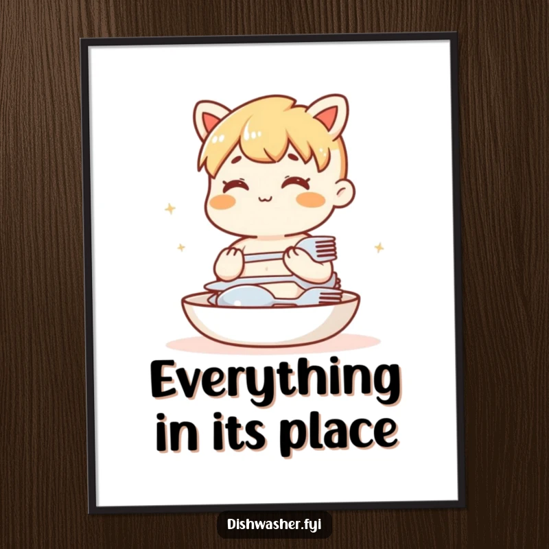 Funny poster showing a content character humming while neatly arranging clean cutlery. Humorous kitchen wall art.