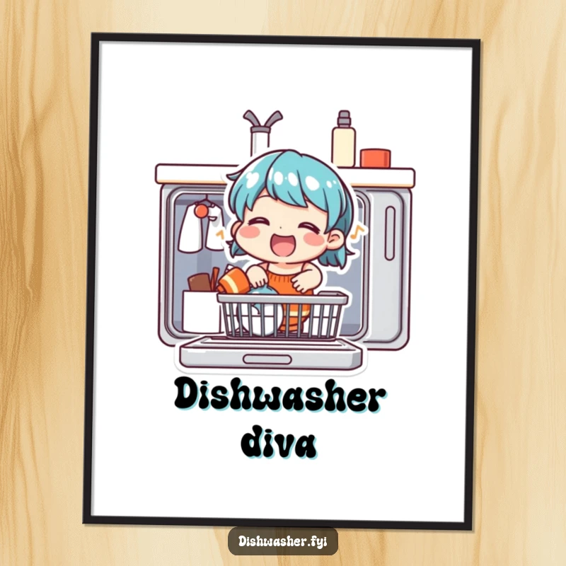 Funny poster of a beaming character singing joyfully while populating a dishwasher, adding a humorous musical touch to decor.