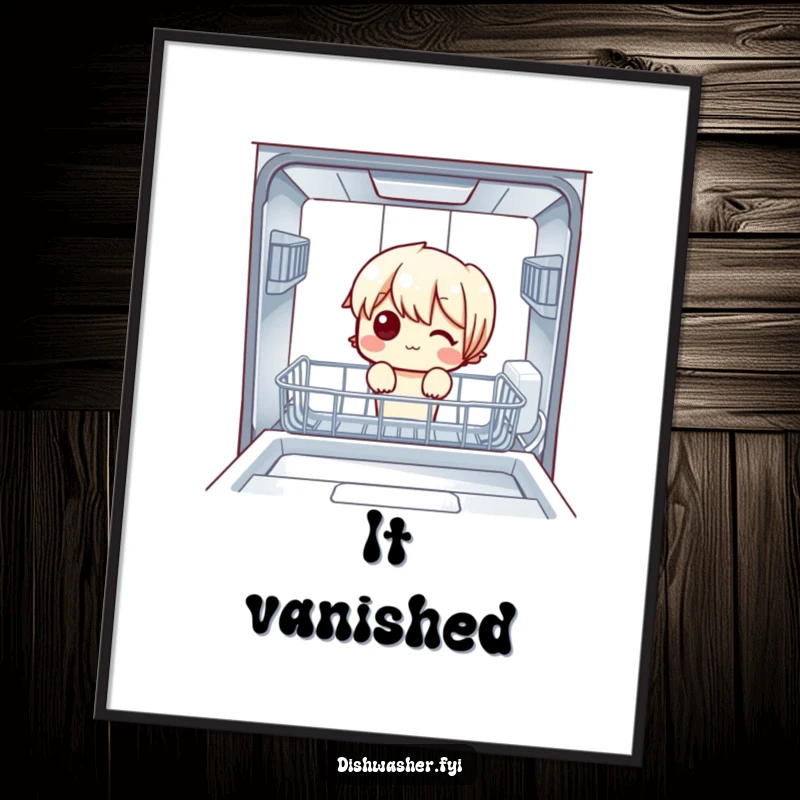 Funny Poster: A character peering into an empty dishwasher, a humorous artwork capturing the everyday mystery of missing cutlery for wall decor.