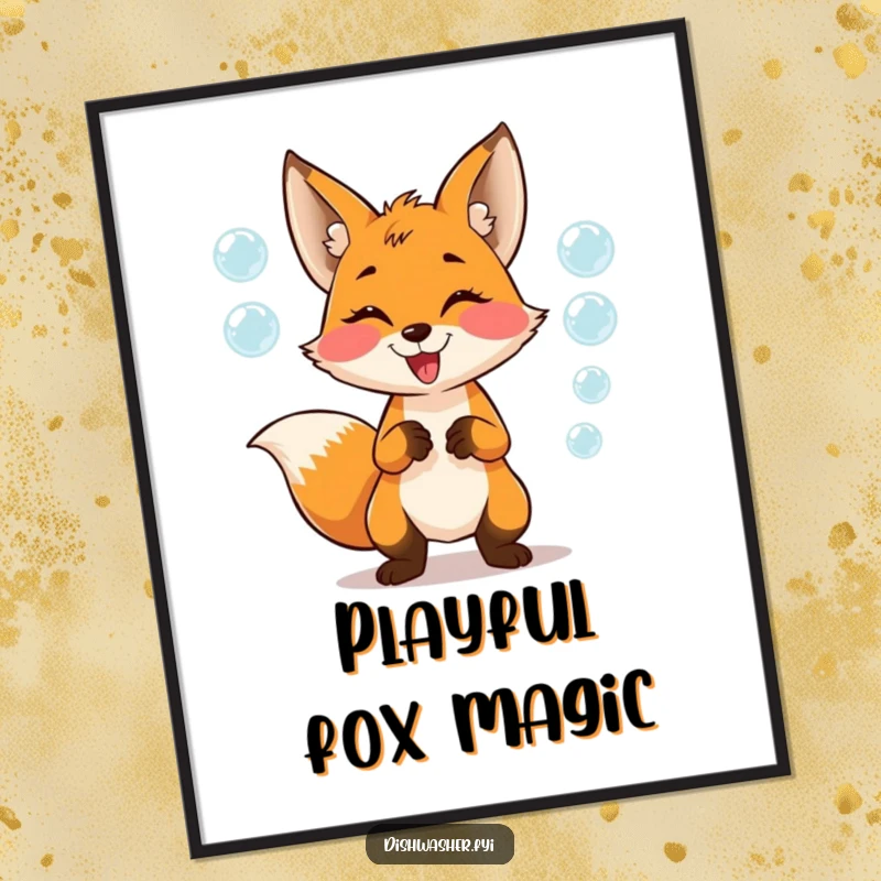 Funny Poster art of a mischievous fox character joyfully juggling soap bubbles, bringing whimsical humor and playful energy to wall decor.