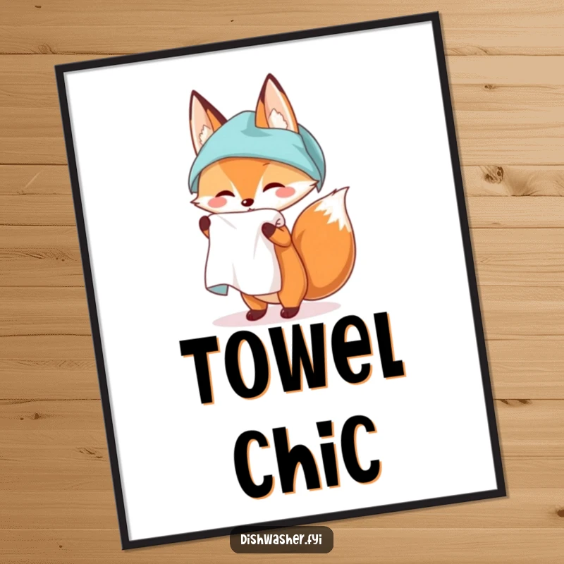 Funny poster art illustrating a fox elegantly unfurling a perfectly clean kitchen towel, conveying a sense of neatness and sly charm.