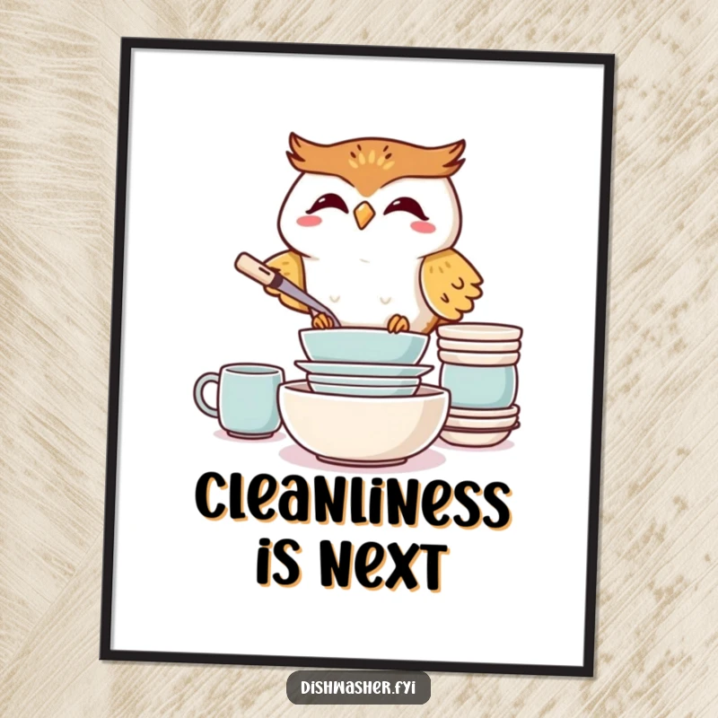 Funny Giggling Owl Poster, illustrating a joyful owl meticulously stacking clean dishes, a humorous wall art piece.