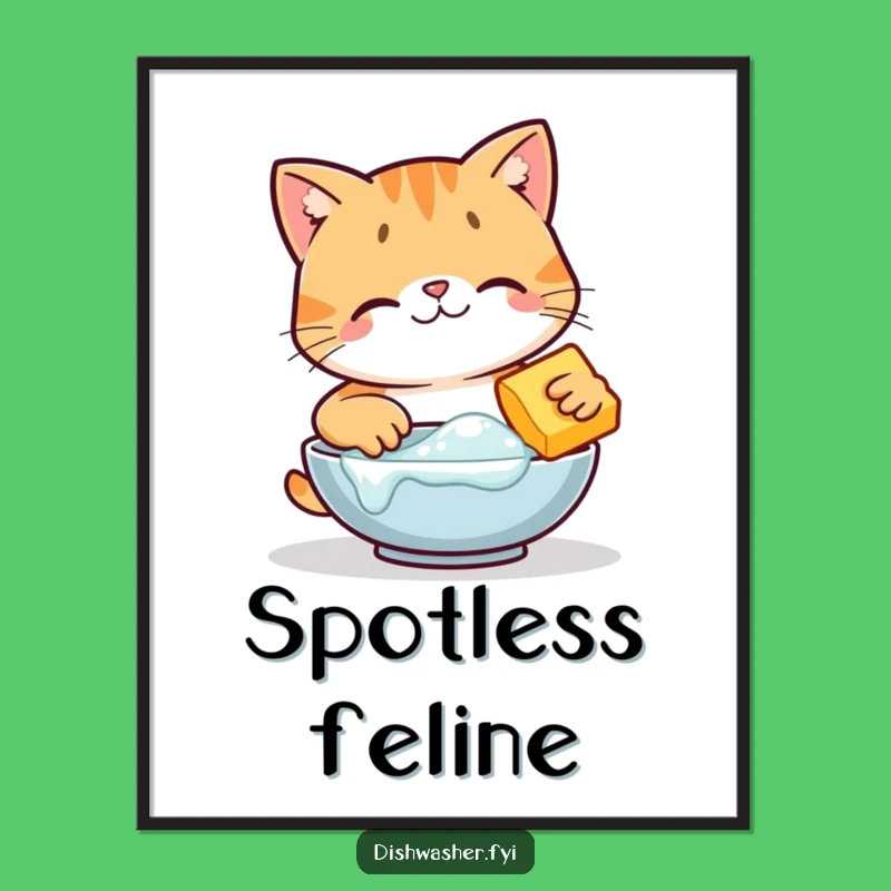 Funny Happy Cat Scrubbing Poster, Cute Cleaning Cat Art Print, Hilarious Kitchen Decor Gift