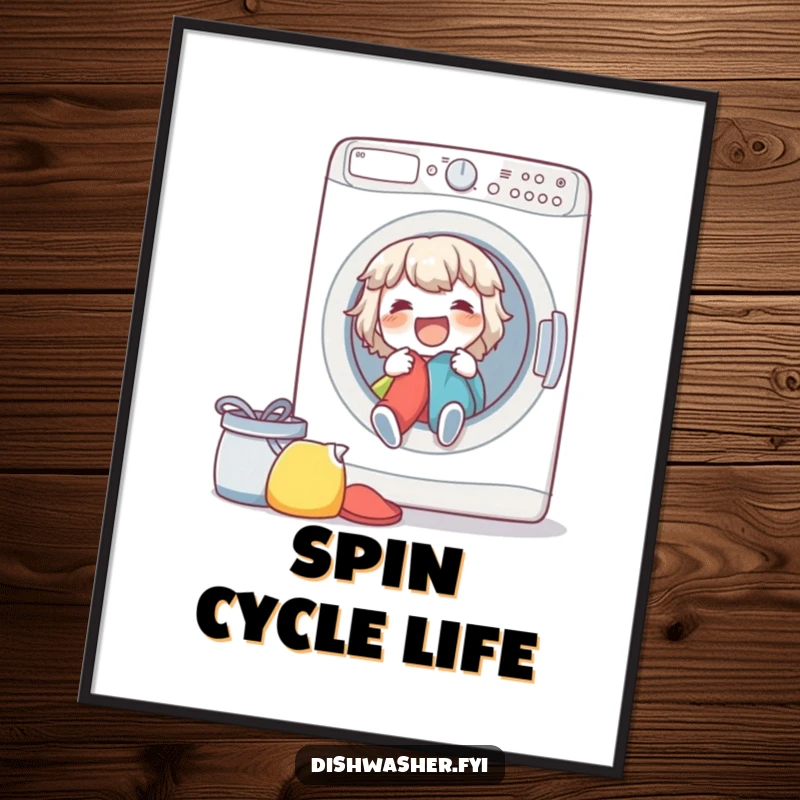 Funny spirited character joyfully stuffing items into a washing machine on a lively poster for laundry rooms.