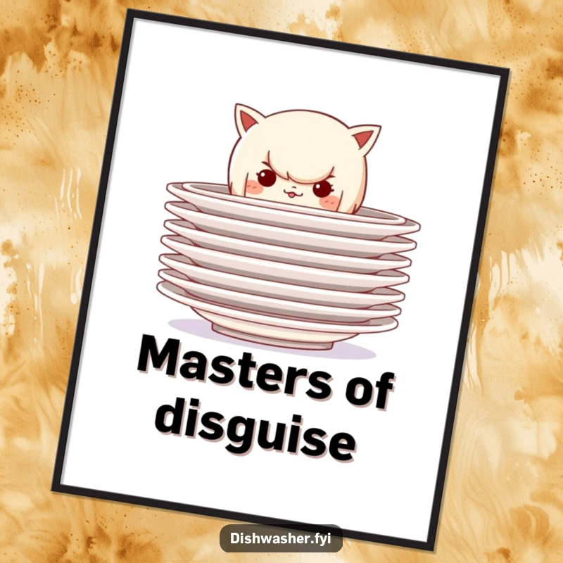 Funny poster featuring a mischievous character hiding behind a stack of clean plates, perfect for adding playful mystery and secret fun to any wall.