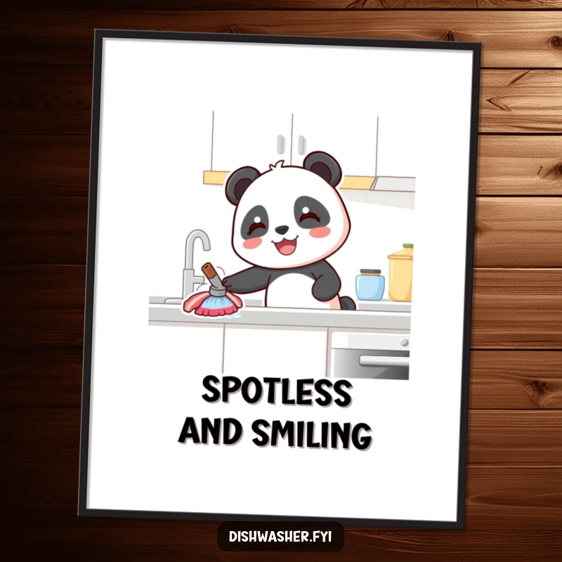 Funny Panda Poster: A vibrant print of a joyful panda character happily cleaning a kitchen counter, bringing smiles to any wall.