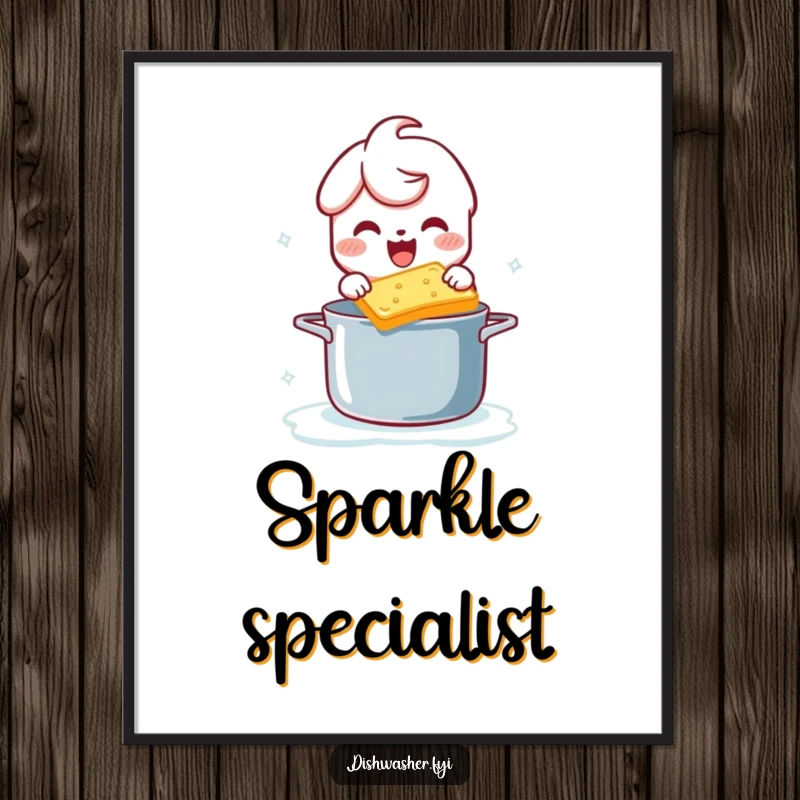 Funny poster of a character gleefully scrubbing a pot with a bubbly sponge, creating a cheerful and clean aesthetic.