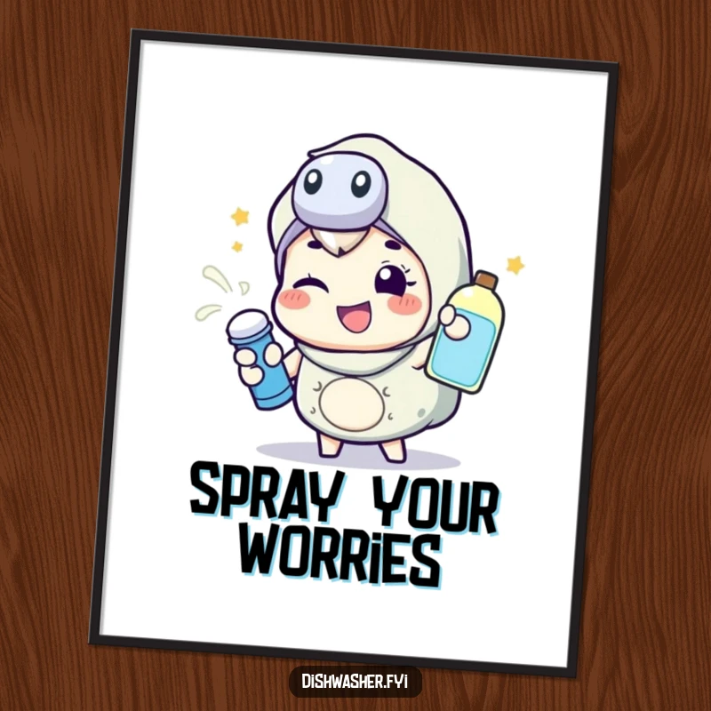 Funny poster showcasing a happy character energetically spraying cleaning liquid with a wink, adding dynamic and playful wall decor.