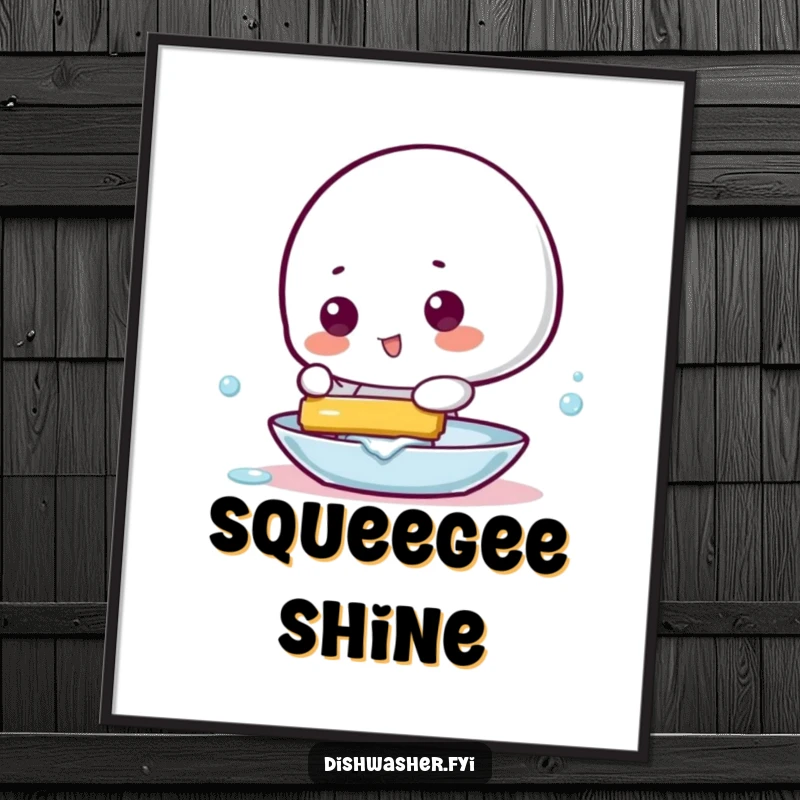 Funny poster of a playful character using a squeegee to make a dish gleam brilliantly, perfect for humorous wall art.
