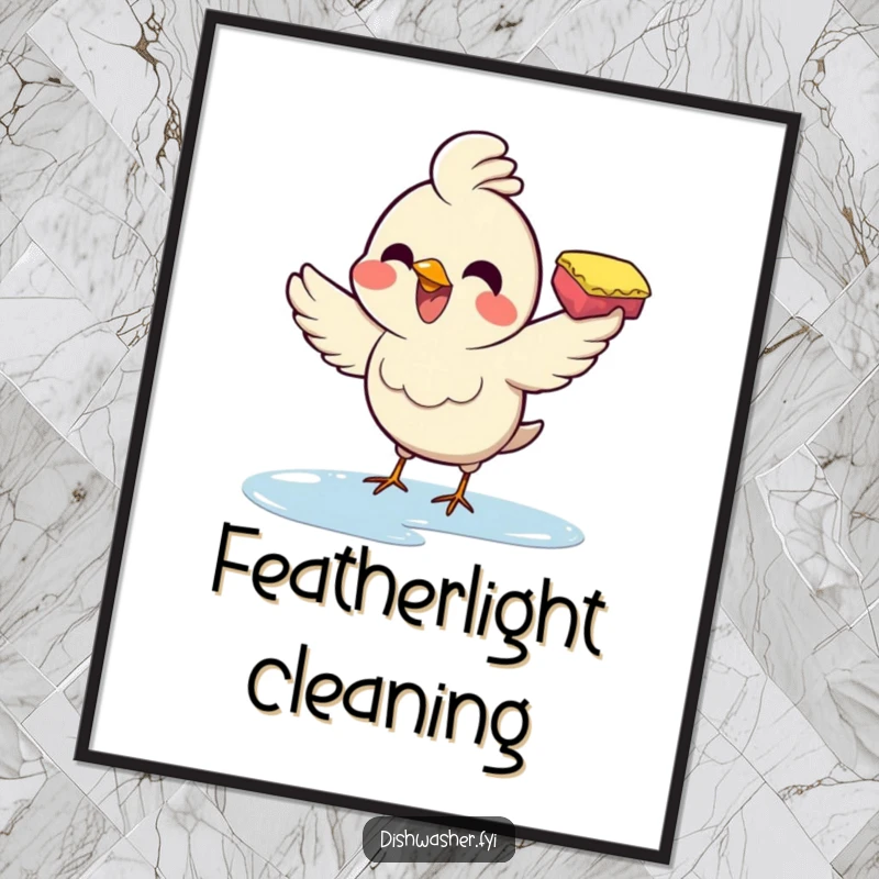 Funny poster artwork of a joyful bird using a sponge to enthusiastically wipe a surface, adding a cheerful, humorous touch.