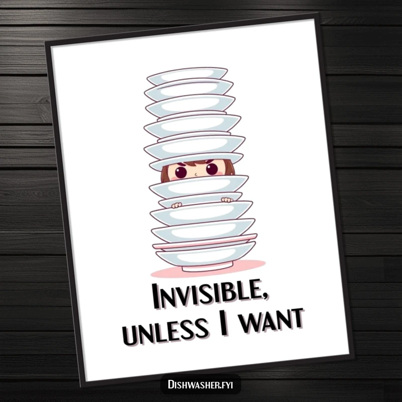 Funny hiding character poster featuring a mischievous figure behind a tower of clean dishes, adding a playful and humorous element to decor.