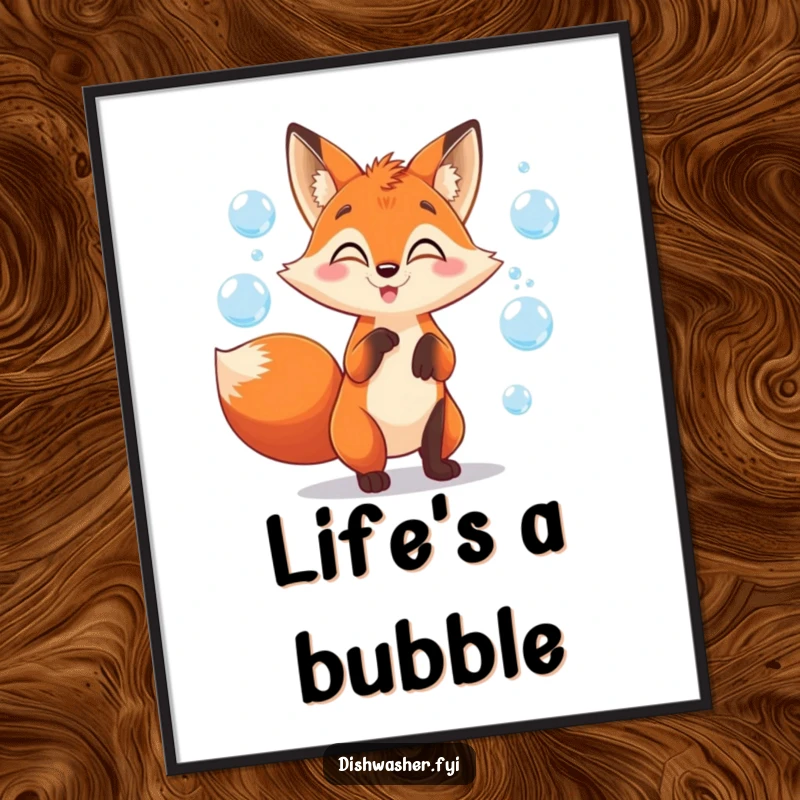 Funny fox poster illustrating a mischievous fox character joyfully juggling shiny soap bubbles, adding a splash of playful humor to decor.
