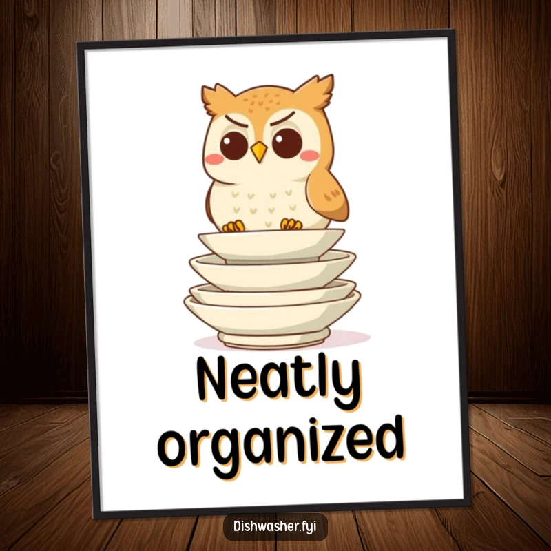 Funny determined owl character stacking clean plates illustration on a poster, embodying focus and neatness, great funny gift.