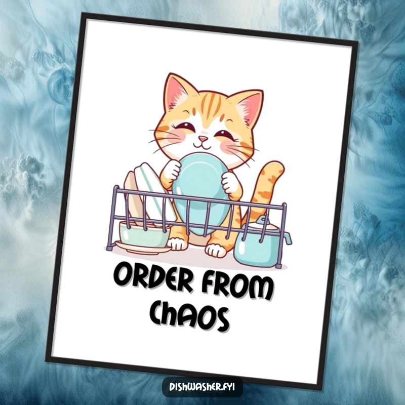Funny cat poster, depicting a cute cat meticulously placing clean dishes in a drying rack, humorous wall art for kitchen or home.