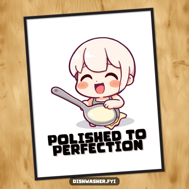 Funny polishing spoon poster featuring a character gleefully polishing a spoon, adding a cheerful and humorous splash to wall decor.