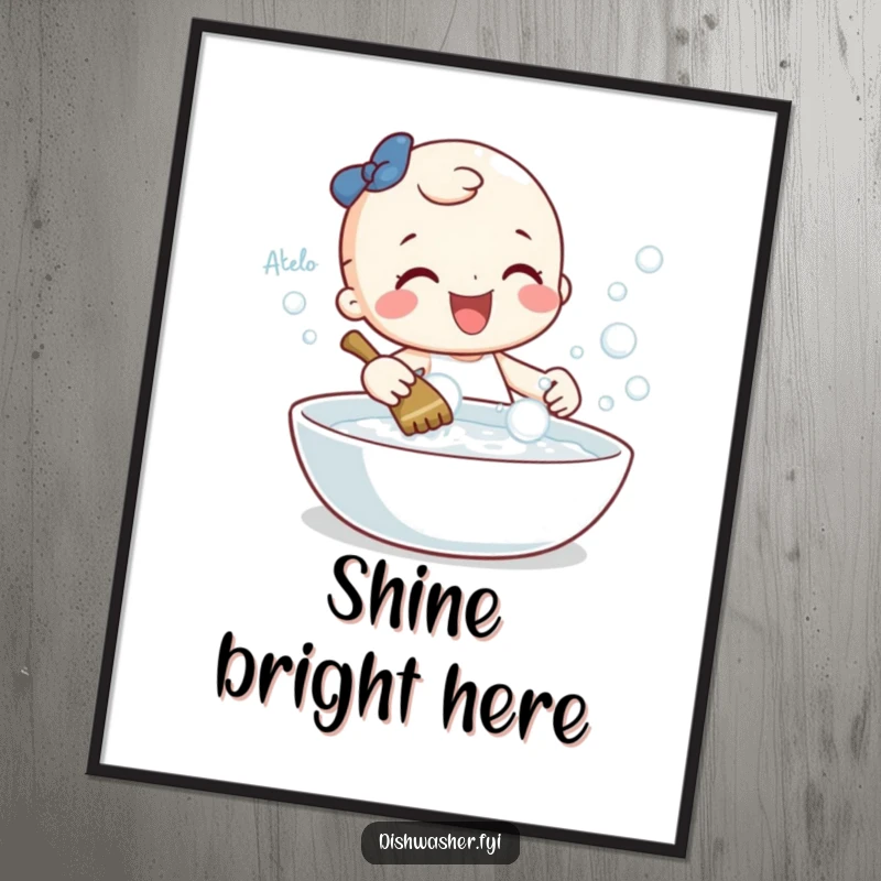 Funny poster showcasing a cheerful character gleefully scrubbing a sparkling dish with bubbles, adding tidy and playful wall decor.