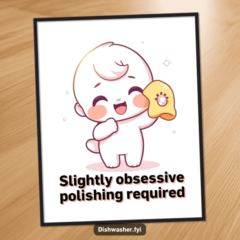 Funny poster depicting a gleeful character polishing a glass with intense concentration and a satisfied expression.