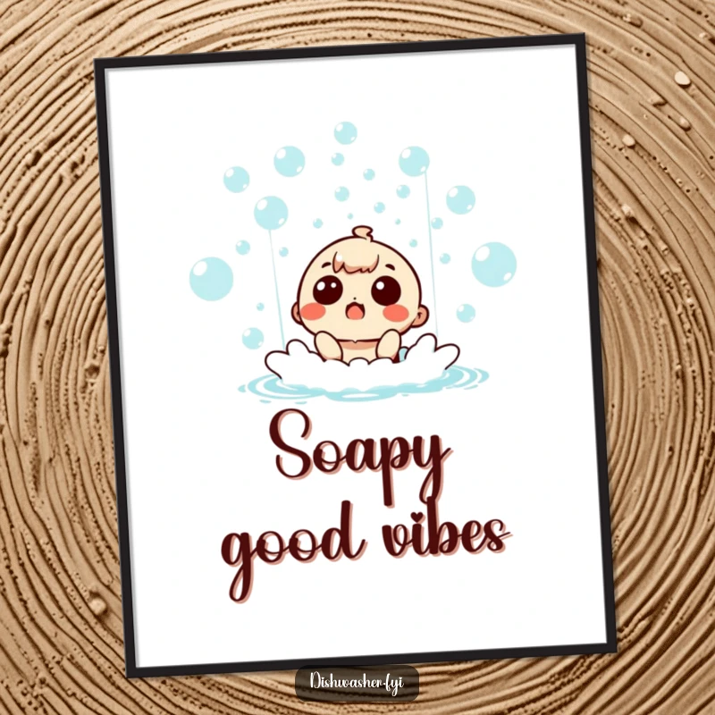 Funny surprised character caught mid-air in a massive bubble waterfall, smiling on a high-quality poster.