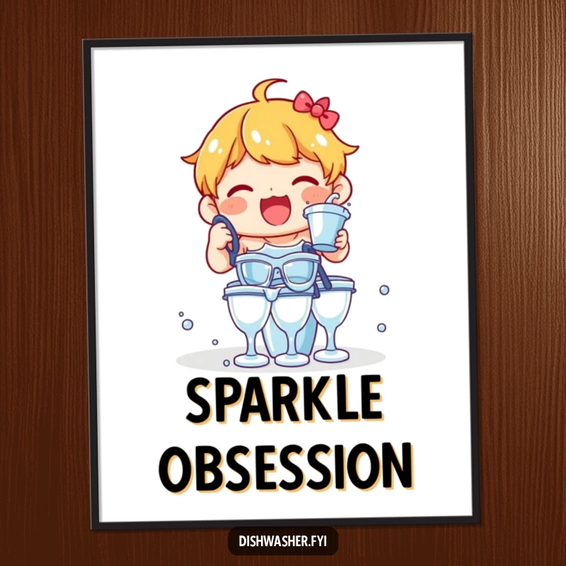 Funny poster of a delighted character enthusiastically rinsing a stack of glasses, humorous wall decor.