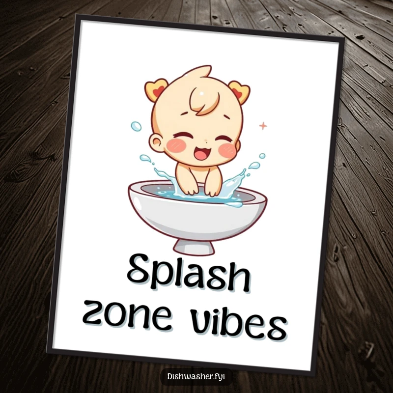 Funny poster print of a giggling character joyfully splashing water from a sink. A whimsical and energetic addition to any room.