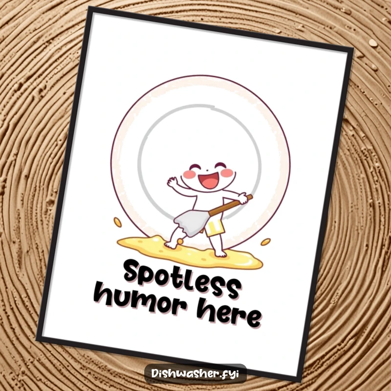 Funny poster of a cheerful character scrubbing a giant plate with gusto, symbolizing cleanliness and humorous, energetic effort.