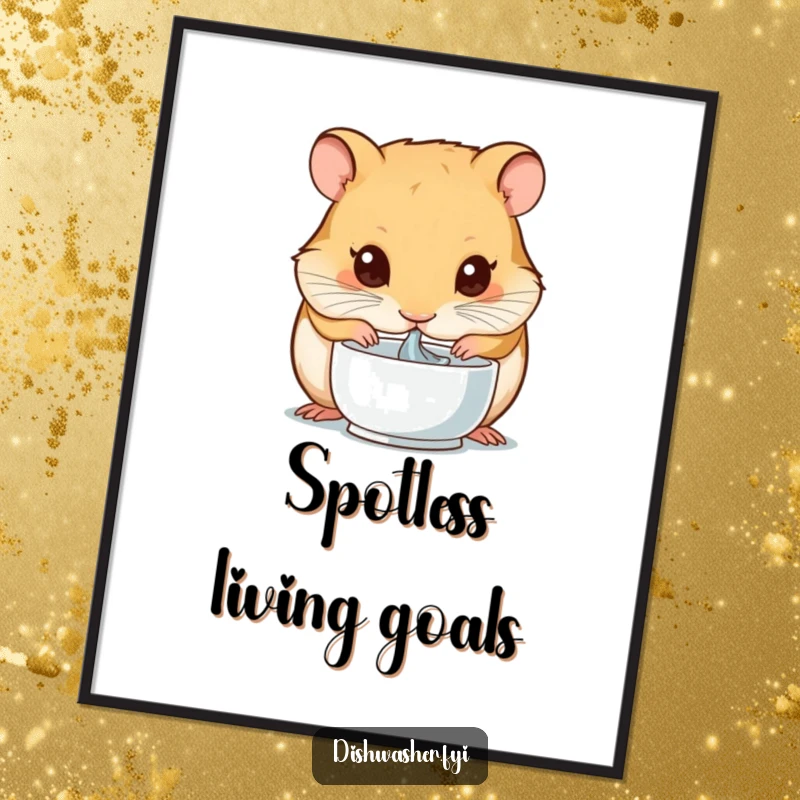 Funny poster art depicting a hamster with laser-like focus, drying a small bowl, embodying a hilarious obsession with tidiness and perfection.