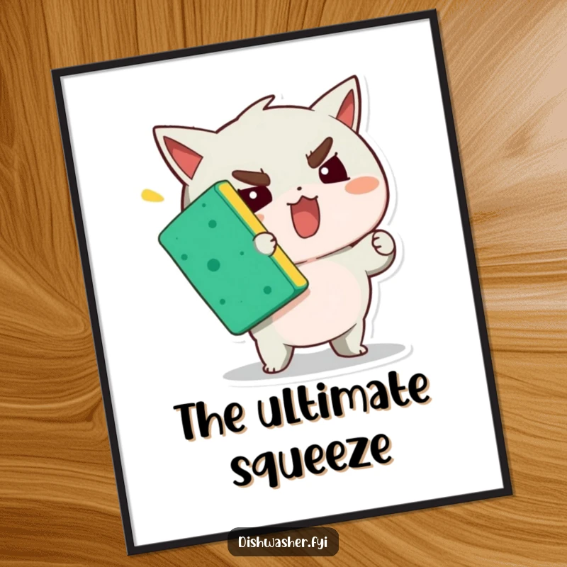 Funny poster illustrating a character with all its might squeezing a sponge, a humorous depiction of intense effort and focus.