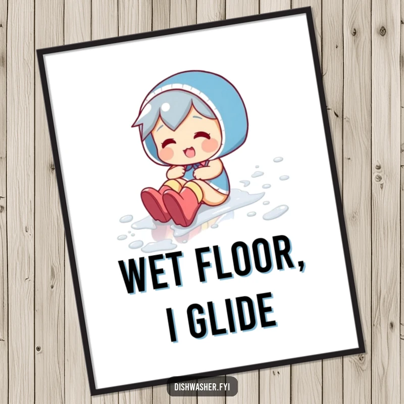 Funny poster depicting a playful character joyfully sliding across a wet floor, complete with rubber boots and a wide smile.