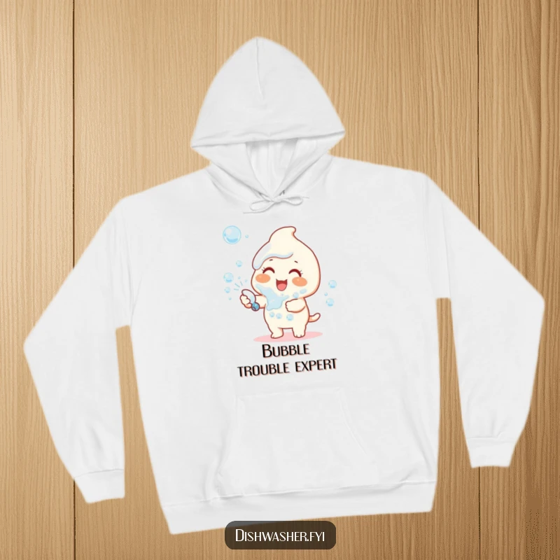 Funny hoodie featuring a happy character joyfully spraying a cascade of dish soap bubbles, radiating pure delight.
