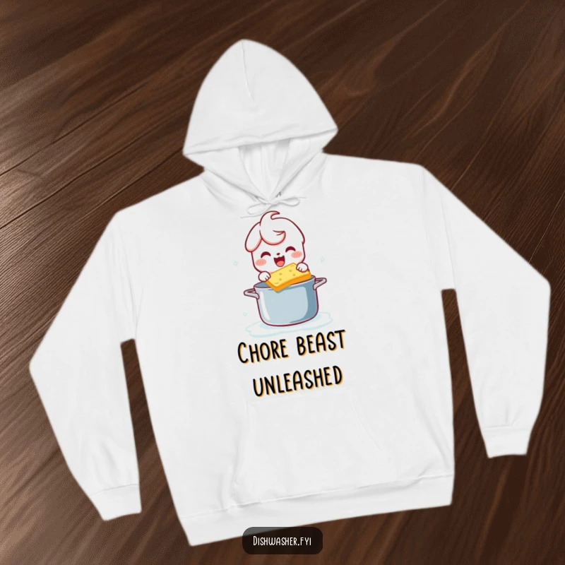 Funny hoodie depicting a character enthusiastically scrubbing a pot with a bubbly sponge, exuding clean and cheerful vibes.