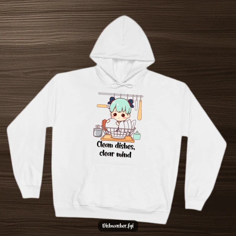 Funny hoodie featuring a dedicated character with focused expression, expertly placing dishes in a drying rack, ensuring perfect alignment.