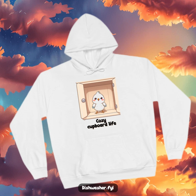 Funny hoodie depicting a happy bird peeking out from a clean cupboard, representing hidden joy and contentment in organized spaces.
