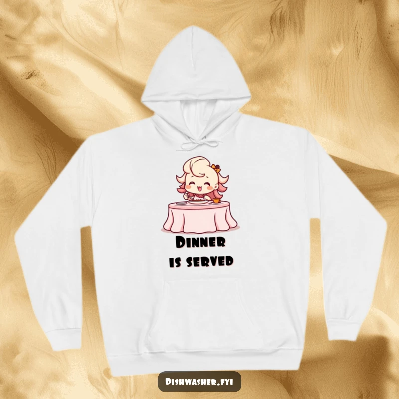 Funny beaming character setting a table with a flourish on a soft hoodie, hinting at a grand meal.