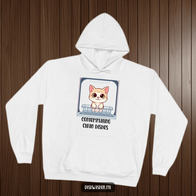 Funny cat hoodie featuring a curious cat peeking into the dishwasher with wide eyes, offering cozy warmth and charming pet-themed humor.