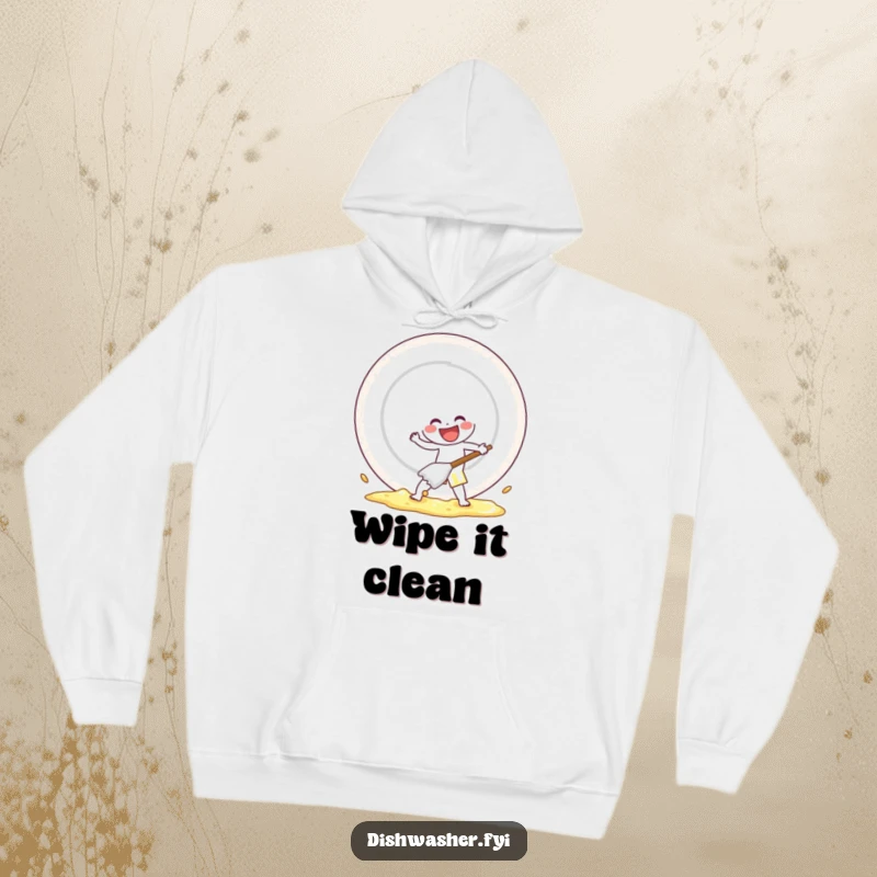Funny hoodie featuring a cheerful character scrubbing a large plate with gusto, offering warmth and humorous cleaning vibes.