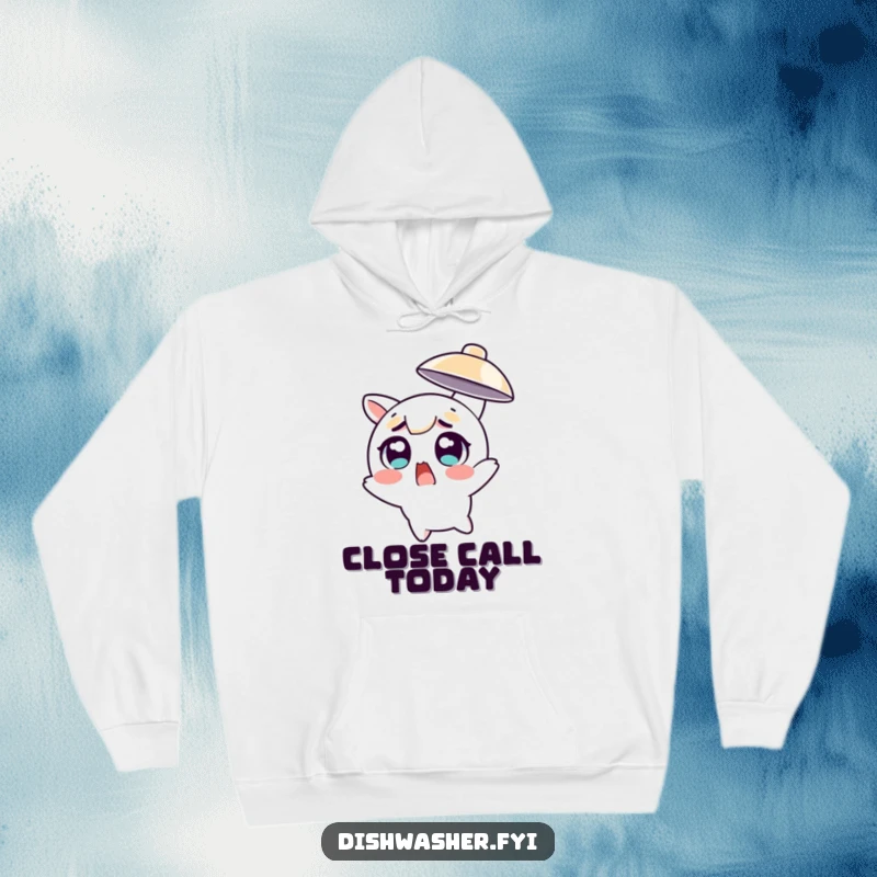 Funny character with wide eyes comically dodging a flying dish, featured on a cozy hoodie for warmth and humor.