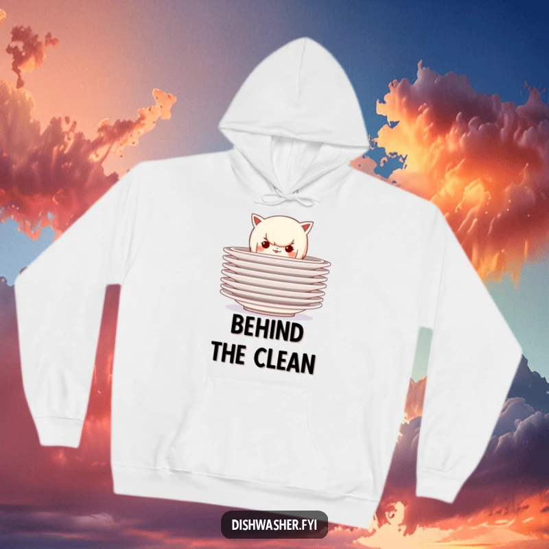Funny hoodie featuring a mischievous character hiding behind a stack of clean plates, offering cozy comfort and a playful symbol of secrets.