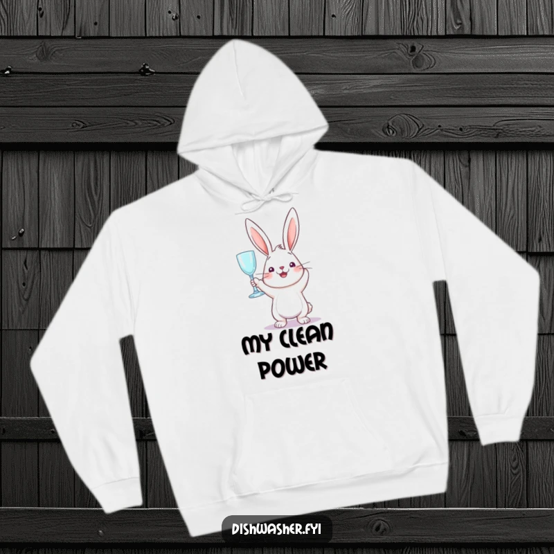 Funny hoodie showcasing a perky rabbit triumphantly holding a sparkling clean glass, spreading warmth and humorous cheer.