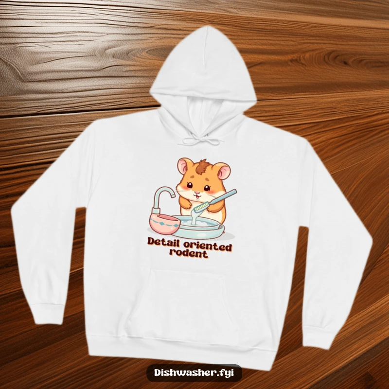Funny hoodie featuring a cute hamster struggling to wash dishes with a tiny toothbrush, offering warmth and playful humor.